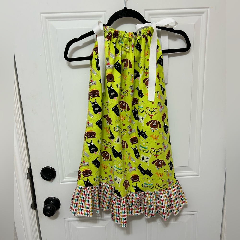 Child’s Pillow Case Bright Green Puppy Print Dress with Ruffle Hem